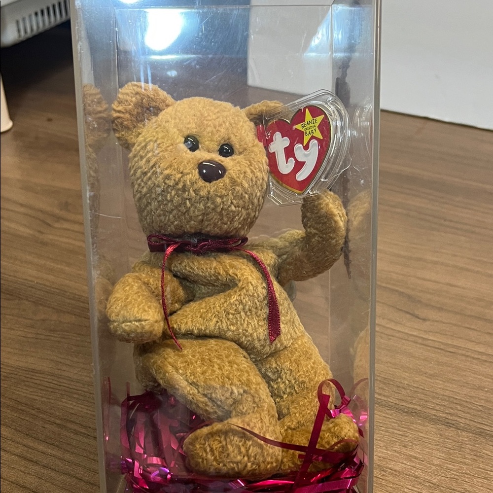 Curly rare retired Ty Tan Teddy Bear with Red Ribbon